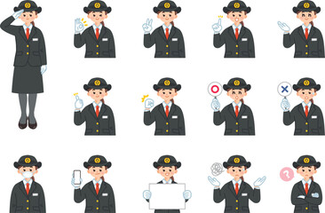 運転士の若い女性　表情とジェスチャーのイラスト素材セット