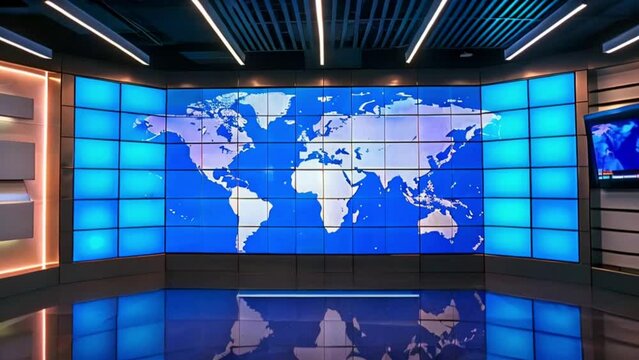futuristic digital world map on large screen on corporate media video wall mainstream media news broadcast concept Generative AI