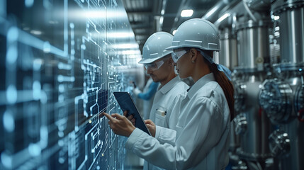 Two Industrial Engineers Use a Tablet Computer to Visualize the Wall of Big Data Statistics, Machinery Production, Factory Digitalization, modern AI factory with big screens with data