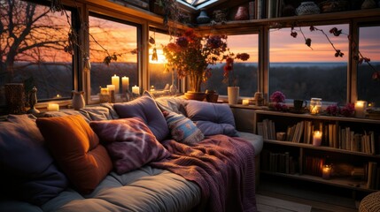 A cozy autumn day in a country house, warm blanket on a couch and candles