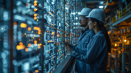 Two Industrial Engineers with helmets Use a Tablet Computer to Visualize the Wall of Big Data Statistics, Machinery Production, Factory Digitalization, modern AI factory