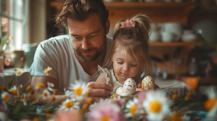 Dad with children painting easter eggs in the kitchen, smiling kids painting easter eggs, family time Spring - obrazy, fototapety, plakaty