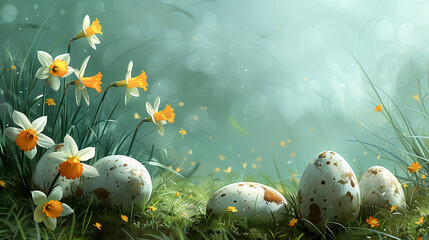 Easter background with easter eggs in the green grass and daffodil flowers, copy space abstract 