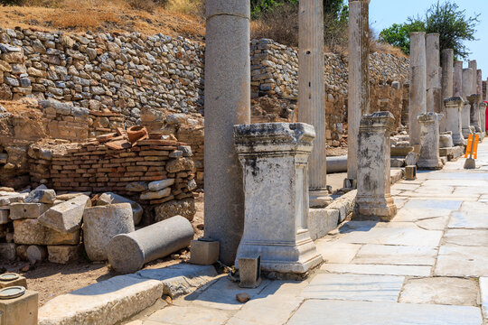 Ruins of ancient columns. Background with selective focus and copy space