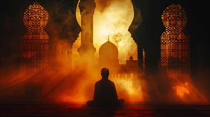 Fotobehang Silhouette of muslim man worshiping and praying for fasting and Islamic Eid in old mosque with lighting and smoke background - Eid Ul Fitr - generative ai © Nia™