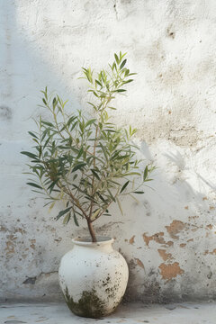 White concrete vase with olive tree branch
