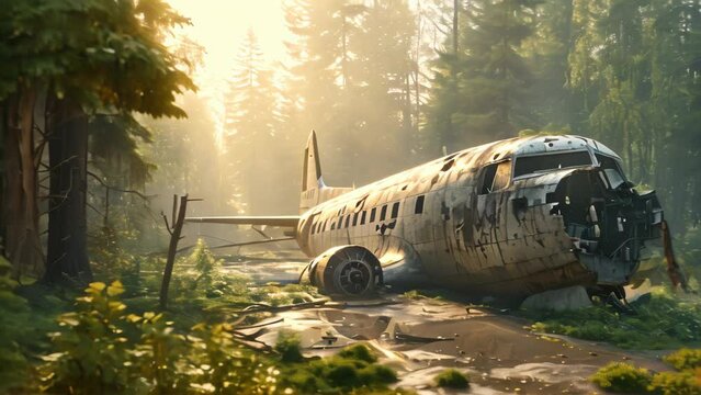 Abandoned plane in the forest Footage 4k