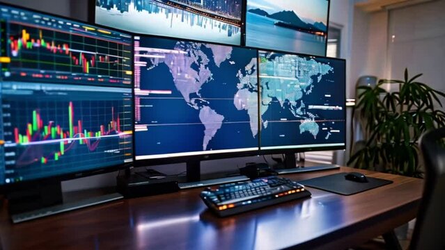 digital world map and economic trends on computer monitors for corporate business and stock forex trading graph Generative AI