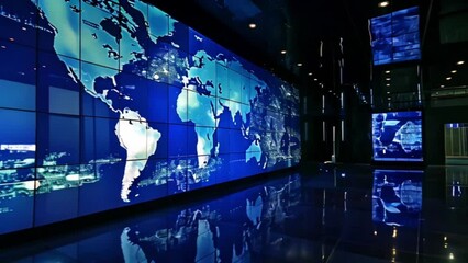 world map on large monitor corporate media video wall mainstream media set news broadcast concept Generative AI