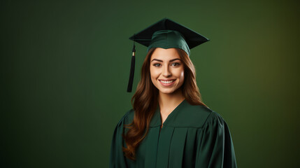 A happy European woman wearing an academic cap and gown, embodying the concept of education success. Ai generative illustration