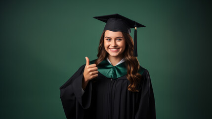 A happy European woman in a graduation gown and cap giving a thumbs up, celebrating her academic success. Ai generative illustration
