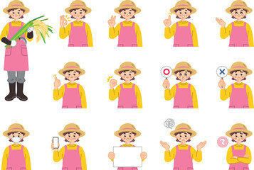 農家の中年女性　表情とジェスチャーのイラスト素材セット