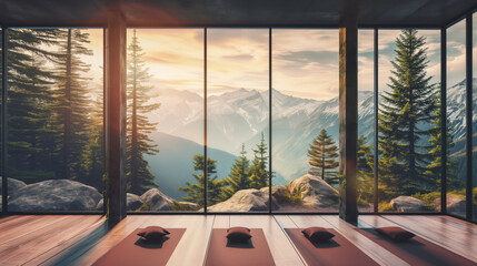 Serene yoga space with stunning mountain view, offering a sense of escape. Nature-inspired design. Generative AI
