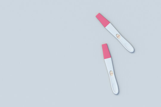 Two pregnancy tests. Positive and negative result. Device to determine a pregnant woman. Reproductive function. Family planning. Top view. Copy space. 3d render