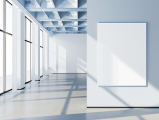 An empty office interior with a blank poster on a concrete wall. Ai generative illustration