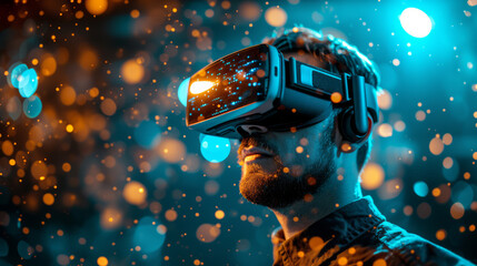 A man wearing a VR headset, surrounded by glowing particles, evoking a sense of immersion in virtual reality. Ai generative - obrazy, fototapety, plakaty