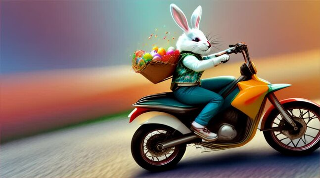 Easter bunny girl rides a blue motorcycle with easter Eggs along the road