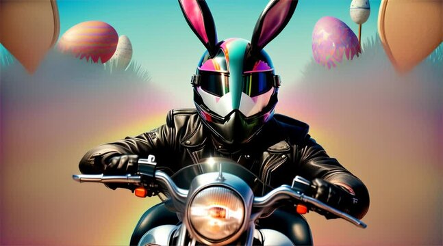 Easter bunny on a motorcycle riding along the road