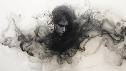 Man portrayed in smoky tendrils abstract ink forming. seamless looping overlay 4k virtual video animation background  - Powered by Adobe