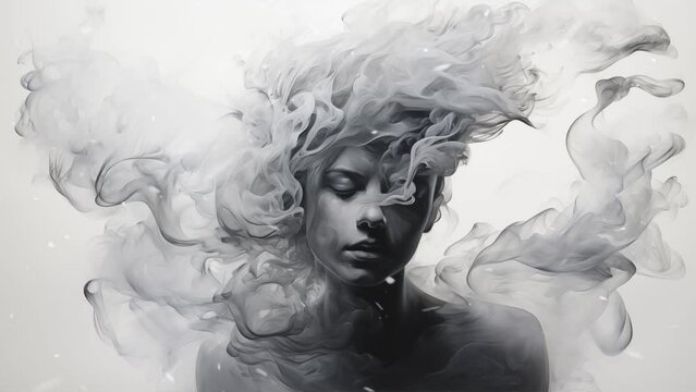 man formed in swirling smoke an abstract ink master. white background with black smoke depicting human. seamless looping overlay 4k virtual video animation background 
