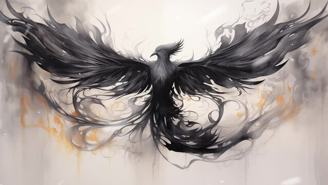 black and white background illustration. ethereal phoenix portrayed in smoky tendrils abstract ink forming. seamless looping overlay 4k virtual video animation background 