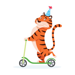 Happy cartoon tiger in party hat rides a kick scooter. Holiday smiling wild cat isolated on white background. Adorable orange striped character. Animal vector illustration.