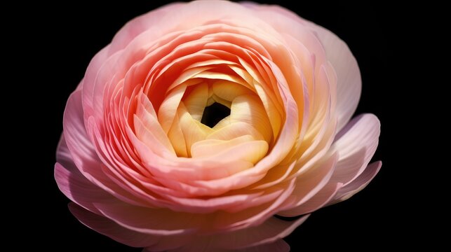 Close-up of a delicate pink ranunculus flower against a dark background.