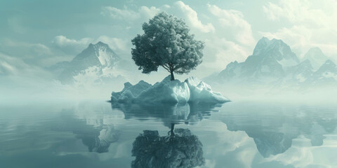 An iceberg floating on water with a tree in the middle, in a futuristic organic style, with concept art and recycled elements.