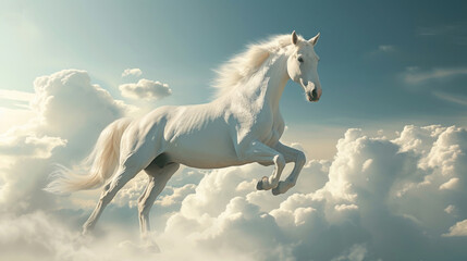Obraz na płótnie Canvas A white horse flying through the sky with clouds, with a sleek metallic finish.