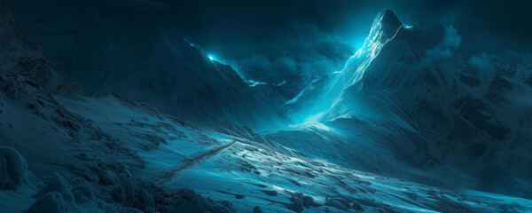 A bright light illuminates the pathway across a snowy mountain, featuring conceptual light sculptures in dark azure and cyan, with dynamic line work. - obrazy, fototapety, plakaty