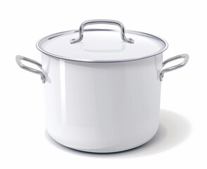 A large white stock pot with a metal handle is shown, in a limited color range, shiny