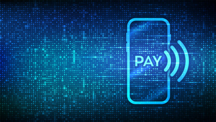 Payment with smartphone icon made with currency symbols. Online mobile payment. NFC. Near-field communication. Contactless payment. Background with Dollar, euro, yen, pound icons. Vector illustration.