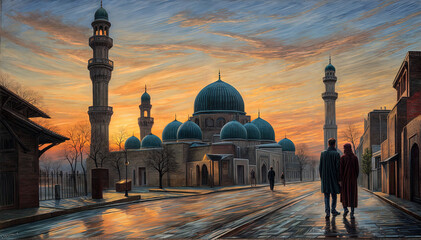 Blue dome mosque at sunset - obrazy, fototapety, plakaty