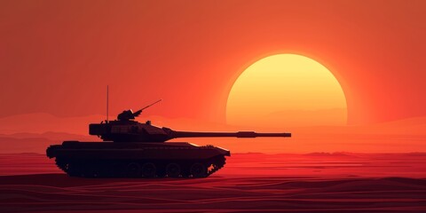 A tank is positioned on the edge of the desert at sunset, embodying heroic masculinity, silhouette lighting, and colorful animation stills. - obrazy, fototapety, plakaty