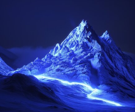 A mountain trail is illuminated with lights at night, in light azure, showcasing conceptual realism, functionality emphasis, and miniature illumination.