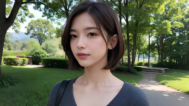 Short-haired oriental girl. In the background a garden. Created with generative AI tool.