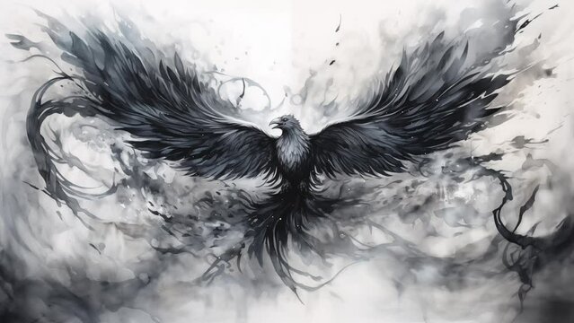 mythical phoenix materializing from smoky tendrils. black and white background illustration.  seamless looping overlay 4k virtual video animation background 