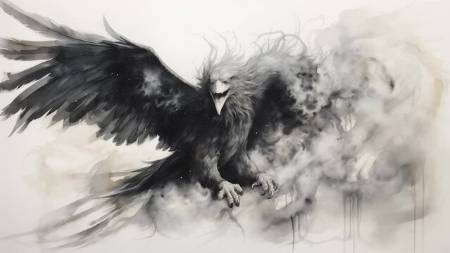 abstract background illustration on white background with dark smoke. mythical griffin materializing through smoke abstract. seamless looping overlay 4k virtual video animation background 