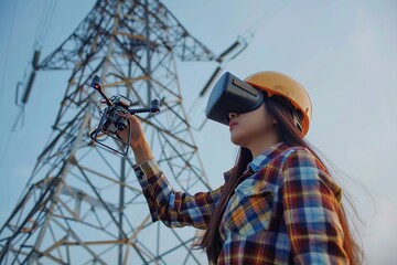 A female engineer uses a drone and virtual reality glasses, inspects the area of high-voltage poles from a bird's-eye view to inspect the equipment on high-voltage poles.