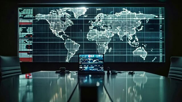 electronic world map on monitor corporate media video wall mainstream media set news broadcast concept Generative AI