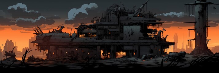 Post apocalyptic Futuristic City Architecture Background image 15232x5120 pixels. Neo Game Art V2 18