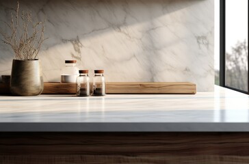 Marble empty table top in modern kitchen, kitchen panel in interior. Scene showcase, banner