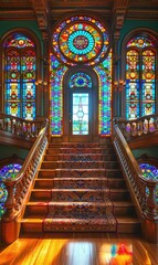 Fototapeta na wymiar Stained glass windows casting colorful reflections on wooden stairs
