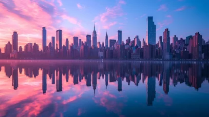 Fotobehang New York City panorama skyline at sunrise. Manhattan office buildings / skysrcapers at the morning. New York City panoramatic shot. © peerawat
