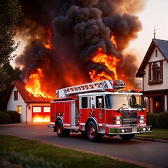 Fototapeta na wymiar Fire engine truck next to house residential building on fire, emergency response photo