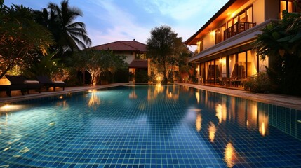 Fototapeta premium The luxurious swimming pool in the luxury pool villa holds parties.