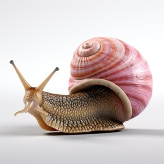 Close-up of a brown garden snail with a spiral shell, isolated on white background
