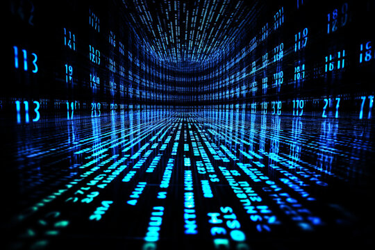 Binary matrix background. Falling digits on dark backdrop. Running random numbers. Abstract data concept. Blue futuristic cyberspace.