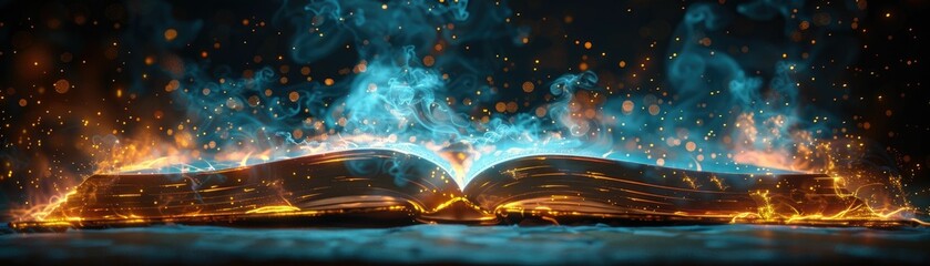 Magical book with fiery and mystical blue essence - obrazy, fototapety, plakaty