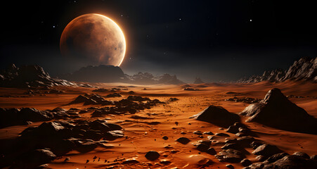 a red planet with a red moon in the background
